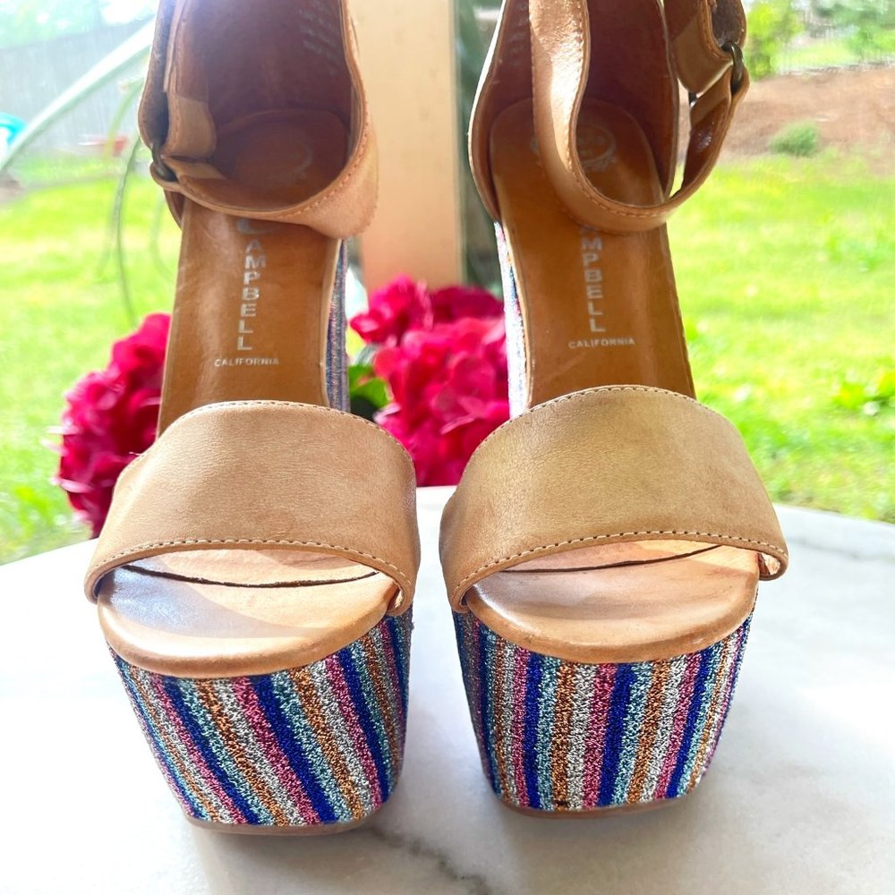 Shimmer Jeffrey Campbell Platforms, Tan leather, ankle strap, Size 7
